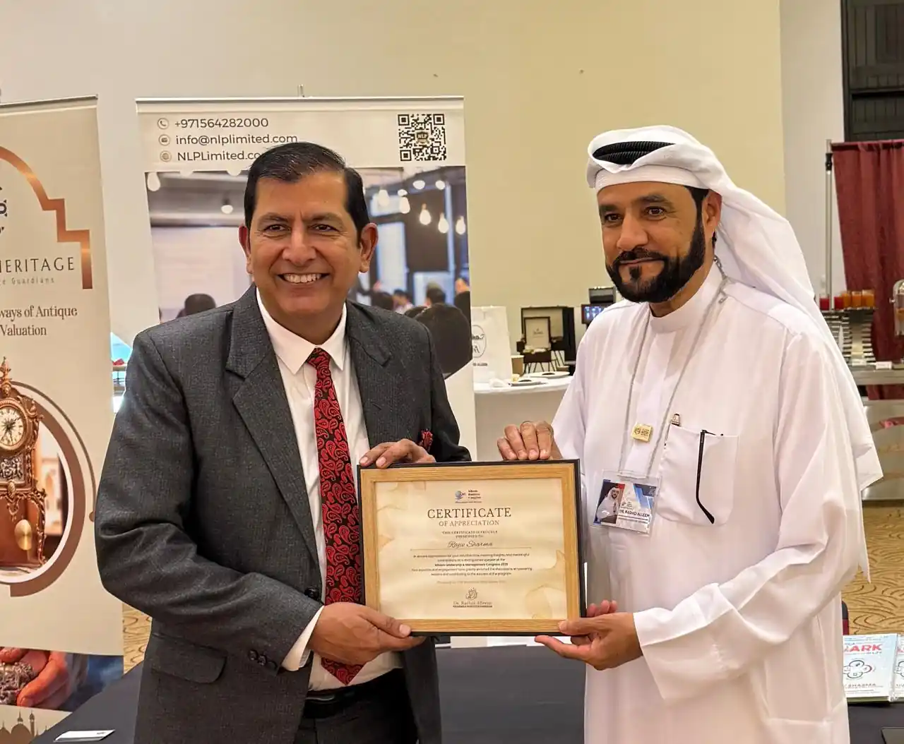 International award certificate presented to Rajiv Sharma in the UAE